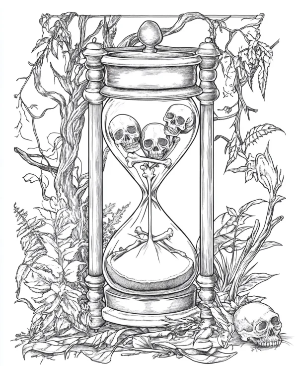 Hourglass with skulls and crossbones inside, gothic horror style — free printable dark fantasy coloring book page