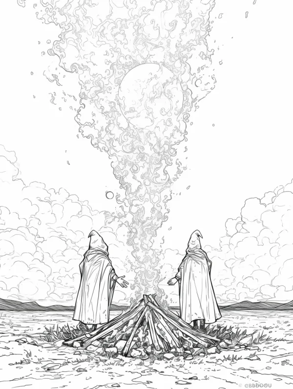Two hooded figures with ritual bonfire, fantasy style — free printable magic coloring book page