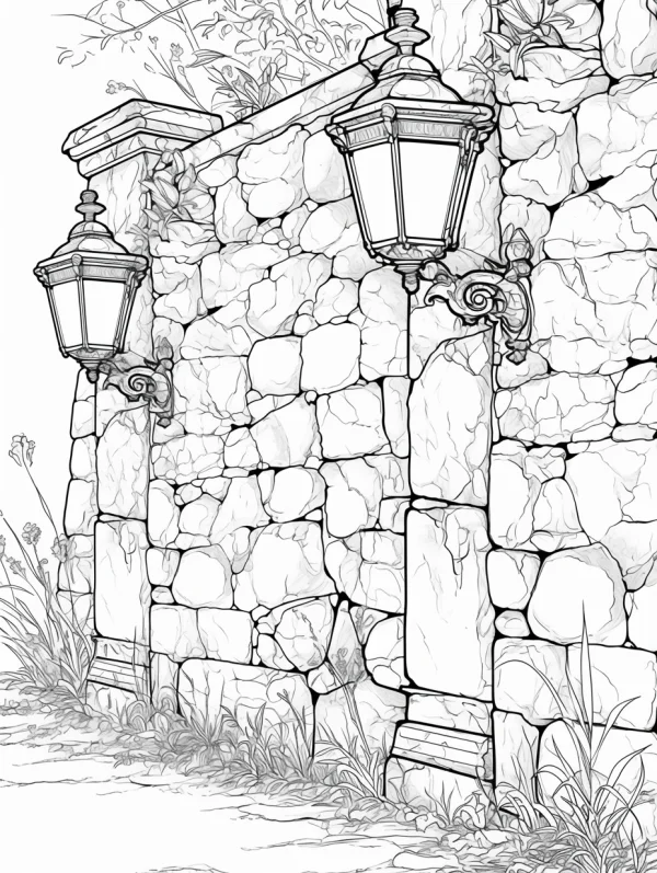 Stone wall with vintage street lamps, realistic sketch style — free printable architecture coloring book page
