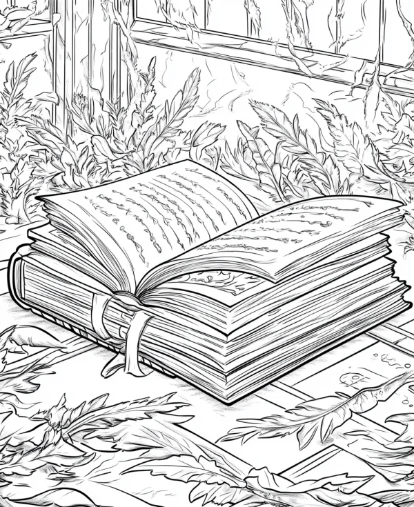 Open vintage magic book with leather strap, surrounded by ferns — free printable reading coloring book page