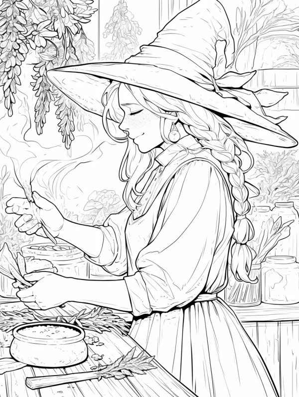 Smiling magic witch making potion in her cottage workshop, surrounded by herbs — free printable magic coloring book page
