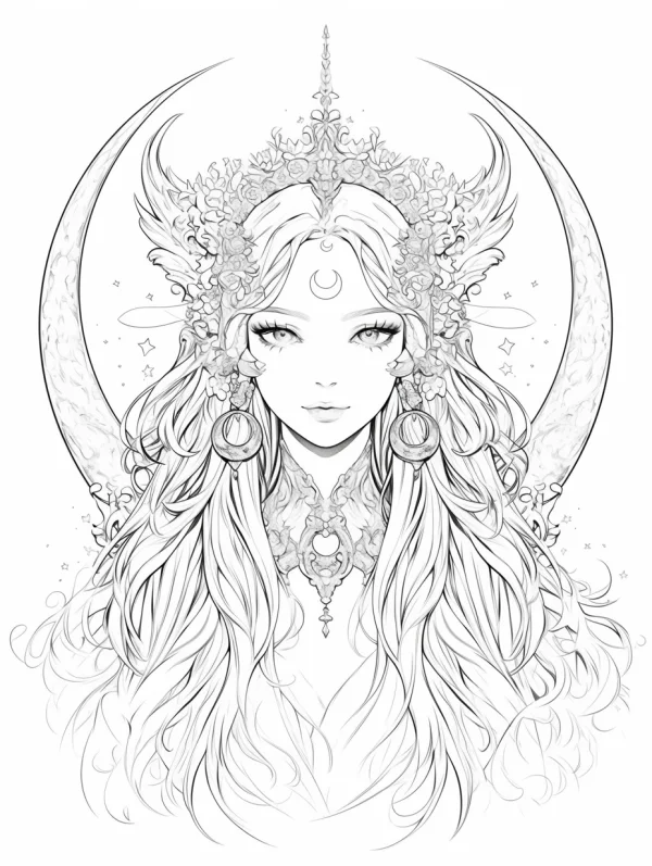Moon fairy with floral crown and crescent moon behind, anime style — free printable mythology coloring book page