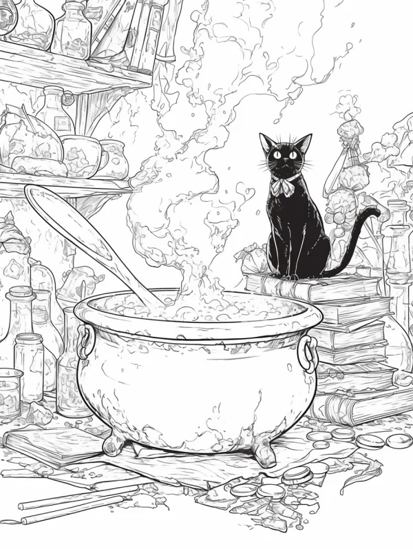 Magic cauldron with black cat, fantasy illustration style — free printable magic coloring book page