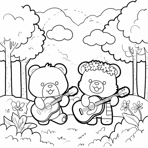 Two cute cartoon bears playing guitars, one bear wearing flower wreath — free printable friendship coloring book page