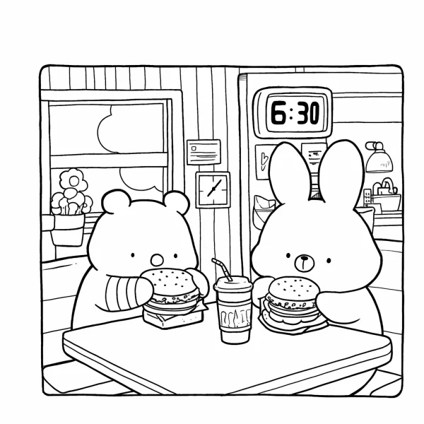 Cute bear and rabbit eating hamburgers in an indoor diner scene, cartoon style — free printable daily life coloring book page