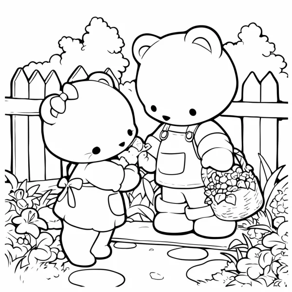Two cute cartoon bears interacting in a garden, cartoon style — free printable friendship coloring book page