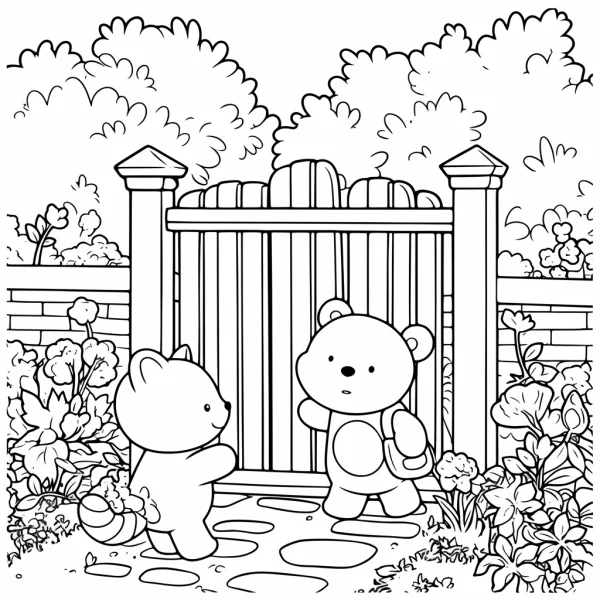 Two cute cartoon bears interacting at garden gate, cartoon style — free printable friendship coloring book page
