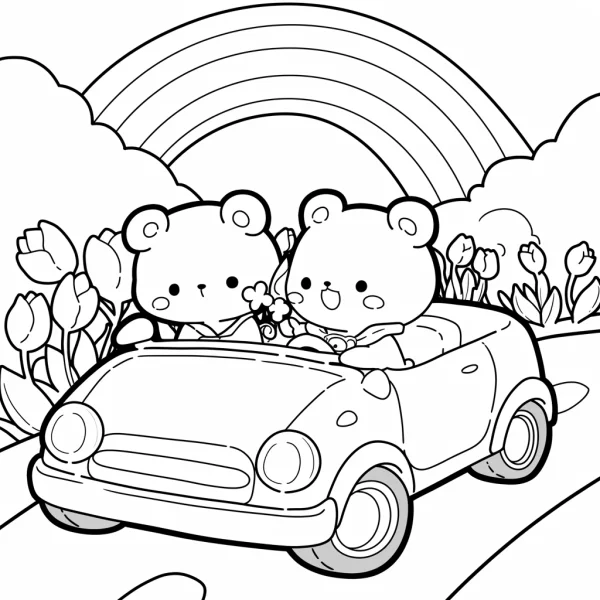 Two cute cartoon bears driving a convertible car, cartoon style — free printable travel coloring book page