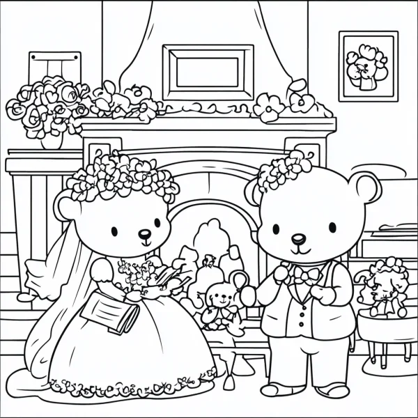 Wedding bear couple in bride and groom attire with flower wreaths, cartoon style — free printable wedding coloring book page