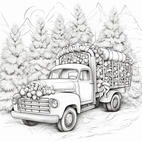 Vintage truck loaded with crops, set against pine trees and mountains — free printable harvest coloring book page