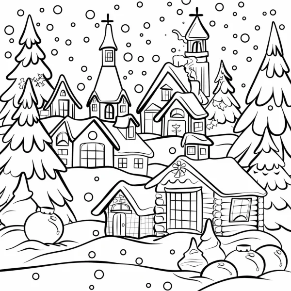 Winter christmas small town, cartoon style — free printable small town life coloring book page