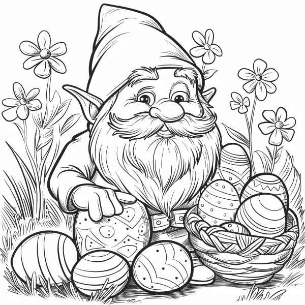 Easter gnome with decorated eggs, cartoon fairy tale style — free printable easter coloring book page