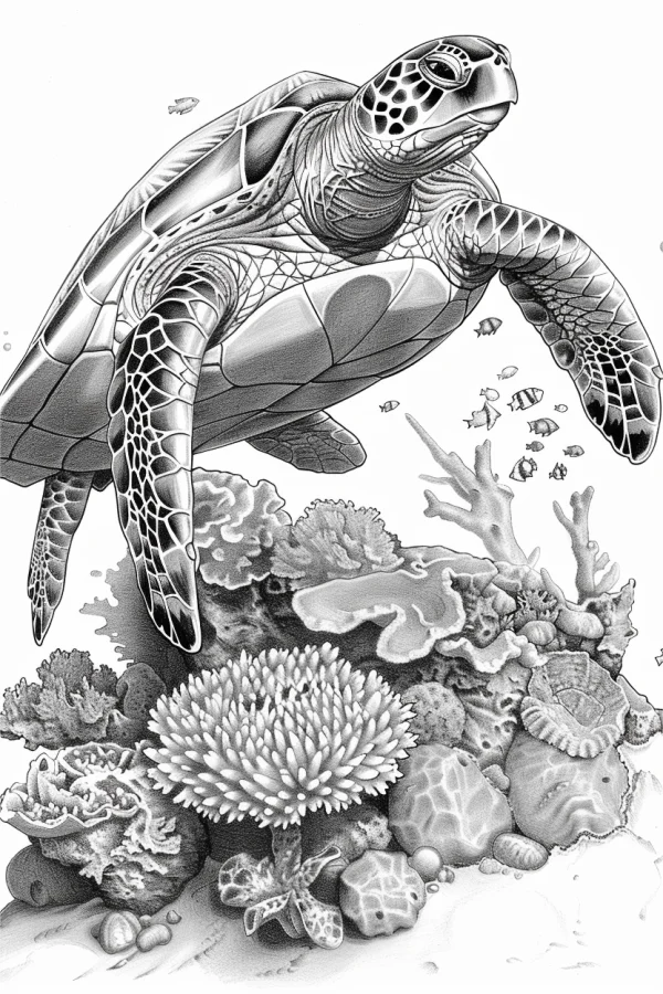 Sea turtle with coral reefs and starfish, realistic sketch style — free printable underwater world coloring book page