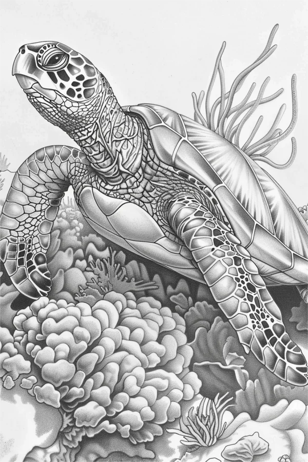 Sea turtle in underwater scene, realistic sketch style — free printable animal theme coloring book page