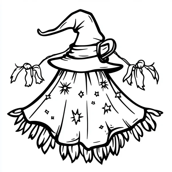 Magical witch hat with star patterns and tassels, cartoon style — free printable magic coloring book page