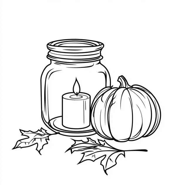 Mason jar with lit candle and pumpkin, autumn thanksgiving theme — free printable autumn coloring book page