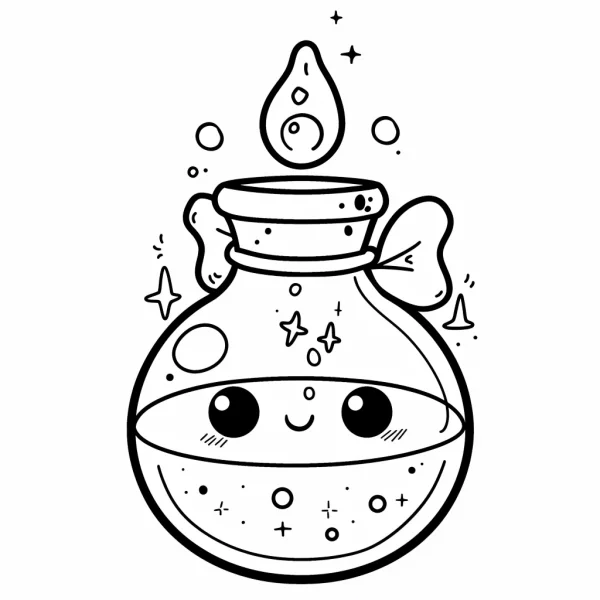 Cute anthropomorphic magic potion bottle with bow, cartoon style — free printable magic coloring book page