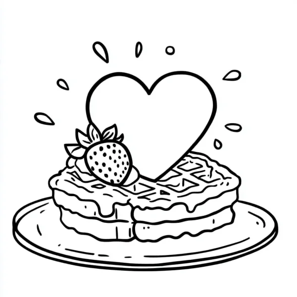 Heart-shaped waffle with strawberry on plate, cartoon style — free printable valentine's day coloring book page