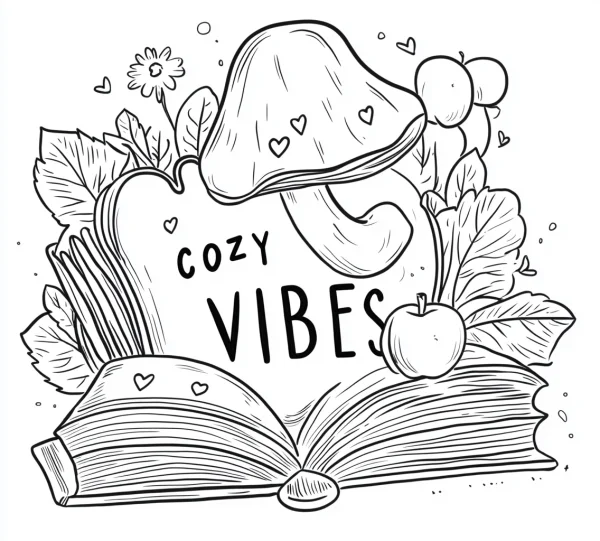 Open book combined with mushroom, daisies — free printable reading coloring book page