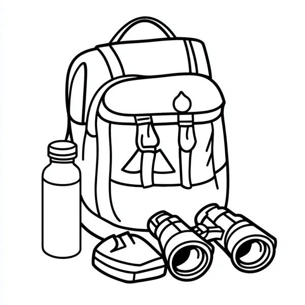 Outdoor travel gear including backpack, water bottle — free printable travel coloring book page
