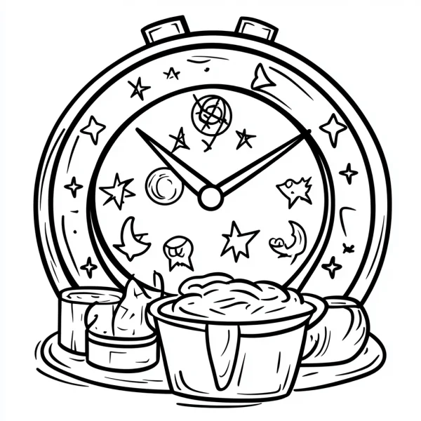 Magic clock with potion containers, cartoon style — free printable magic coloring book page