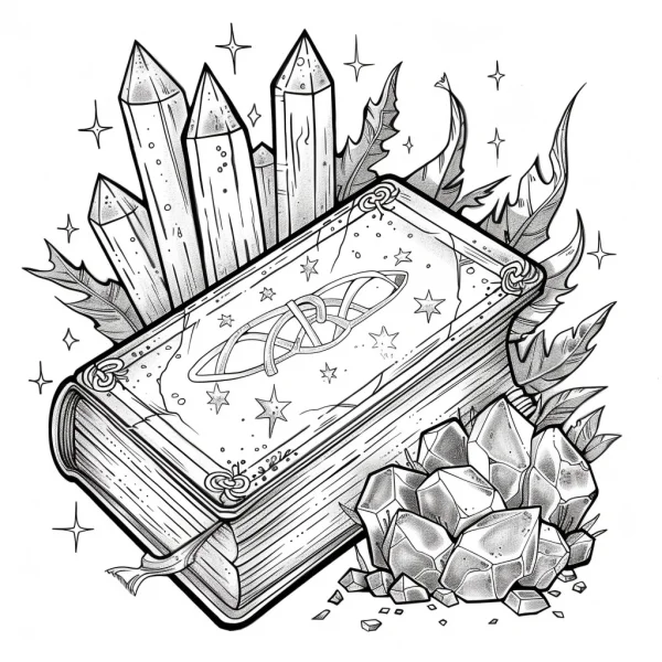 Magic book paired with crystal pillars and clusters, fantasy illustration style — free printable magic coloring book page