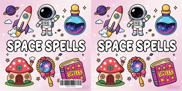 Coloring book cover, space magic themed composite patterns including astronaut — free printable coloring page