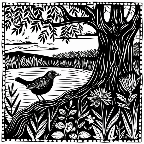 Bird perched on tree branch by a lake, linocut print style — free printable animal theme coloring book page