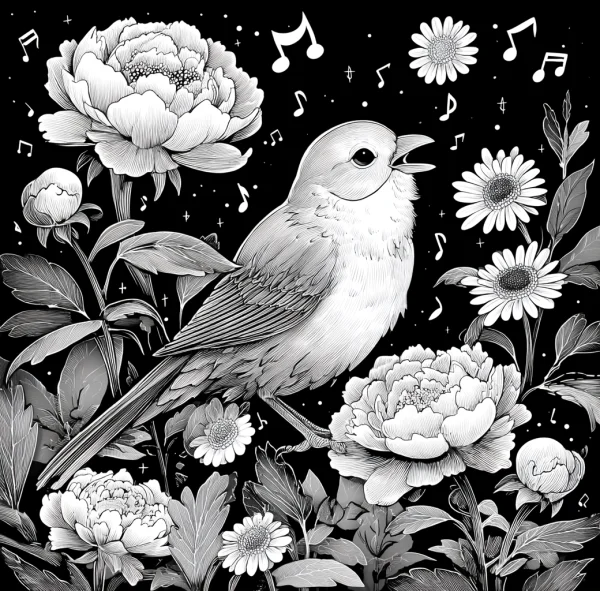Singing bird surrounded by peonies and daisies, realistic line art style — free printable music coloring book page