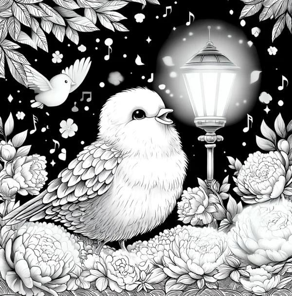 Singing cute bird as main subject, surrounded by blooming peonies — free printable music coloring book page