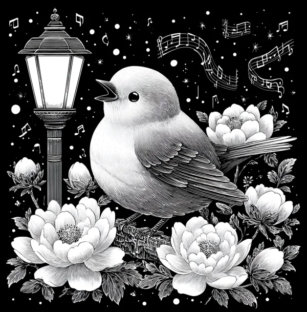Singing cute bird perched on branch, surrounded by peonies — free printable music coloring book page