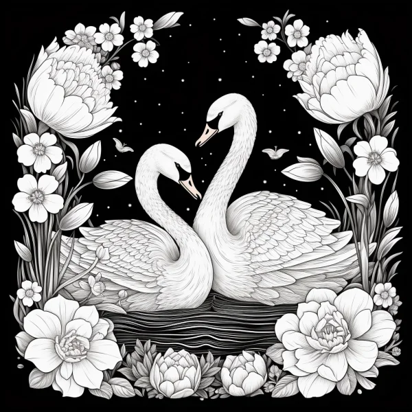 Two cuddling swans on rippling water, surrounded by blooming peonies and various small flowers — free printable nature theme coloring book page