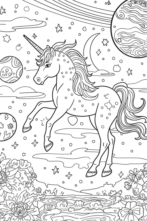 Starry sky unicorn, cartoon fantasy style — free printable universe coloring book page