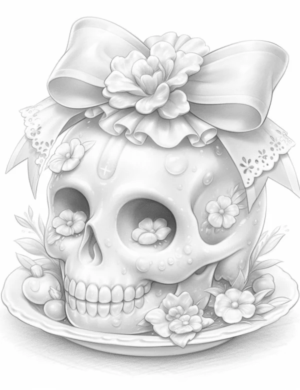 Skull decorated with big bow and flowers, gothic sketch style — free printable gothic coloring book page