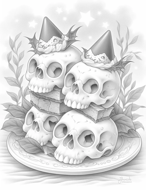 Four skull-shaped desserts with party hats placed on a plate, fantasy horror sketch style — free printable birthday coloring book page