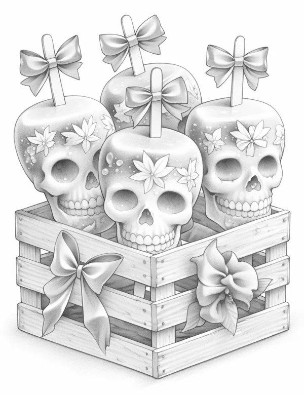 Decorated skull candy apples placed in wooden crate, adorned with bows and floral patterns — free printable festivals coloring book page