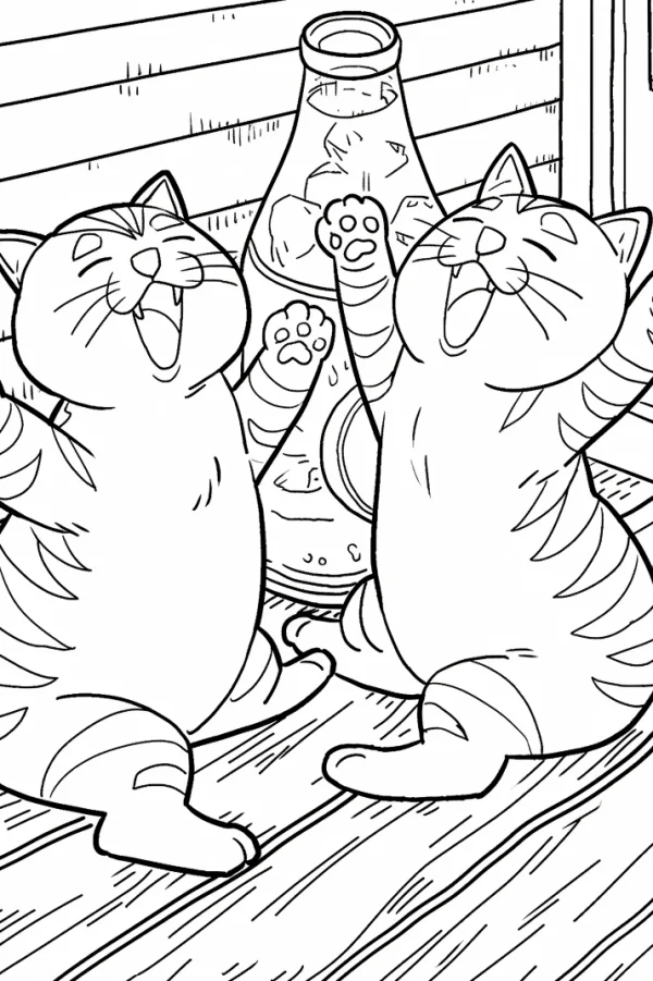 Two cheerful chubby tabby cats, cartoon style — free printable leisure coloring book page