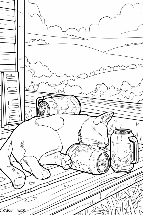 Lazy cat lying on a wooden porch with soda cans, illustration style — free printable daily life coloring book page