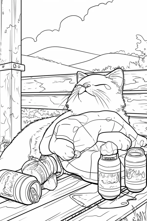 Lazy chubby cat, cartoon style — free printable relaxation coloring book page