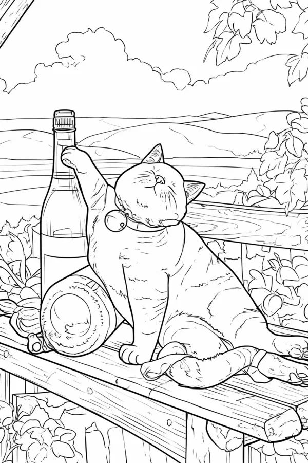 Playful chubby cat with bell collar on wooden patio, cartoon style — free printable leisure coloring book page