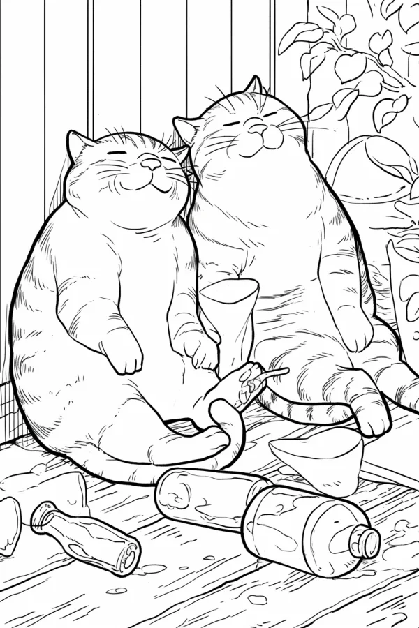 Two chubby cozy cats, cartoon style — free printable leisure life coloring book page
