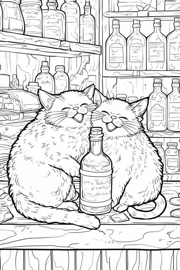Two happy laughing cats sitting at a bar counter surrounded by liquor bottles and shelves, cartoon style — free printable friendship coloring book page