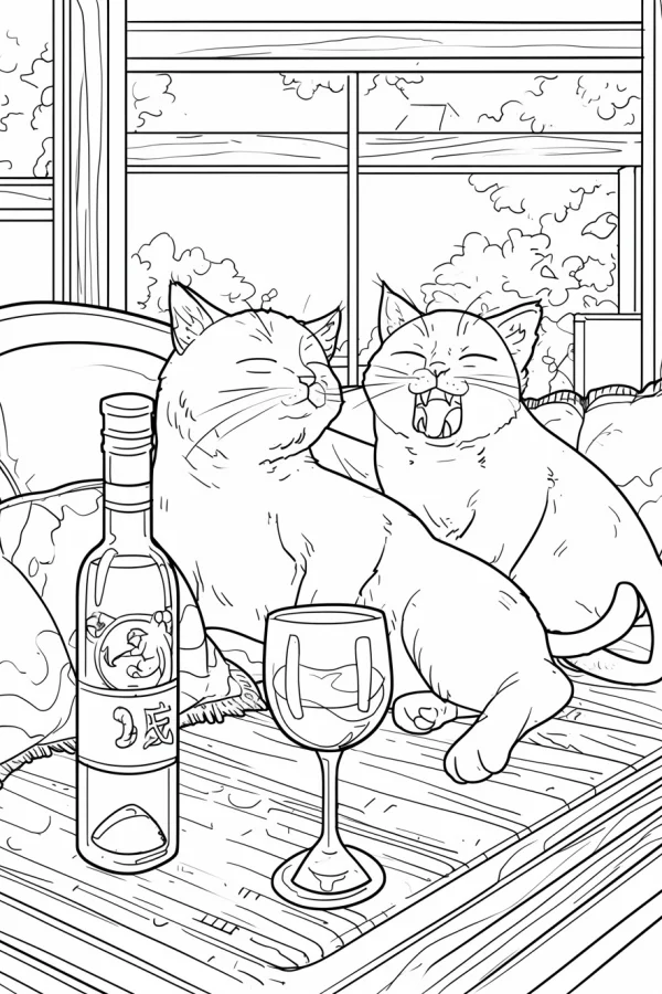Two relaxed cats with wine bottle and goblet, cartoon style — free printable leisure life coloring book page
