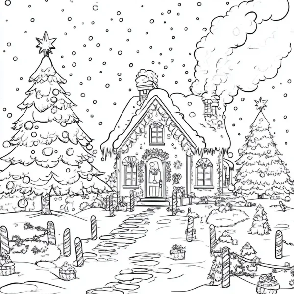 Christmas snowy cottage, cartoon style — free printable home scene coloring book page