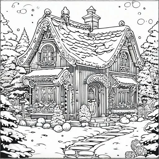 Winter fairy tale cottage in snow, fairy tale illustration style — free printable country cabin coloring book page