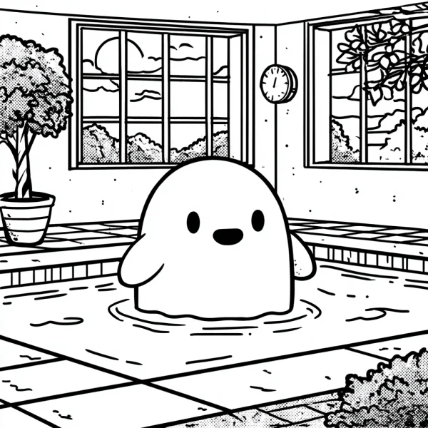 Cute cartoon ghost in a flooded indoor room, cartoon style — free printable cartoon coloring book page