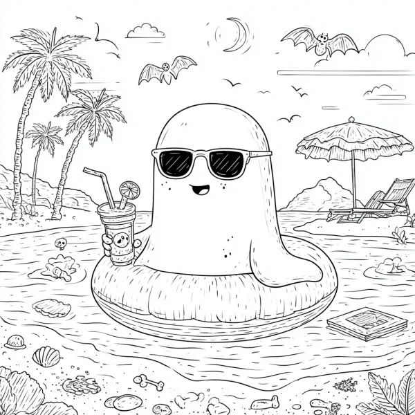Cute vacation ghost wearing sunglasses, sitting on inflatable ring — free printable summer coloring book page
