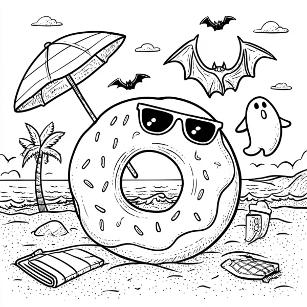 Sunglass-wearing beach vacation donut, cartoon style — free printable leisure coloring book page