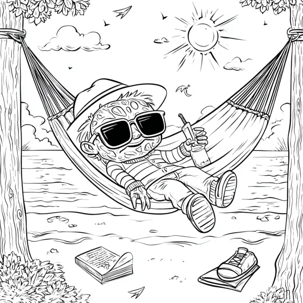 Kid with sunglasses lying on hammock between trees, cartoon style — free printable reading coloring book page