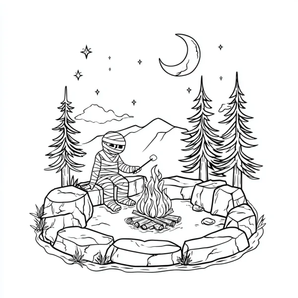 Mummy camping by campfire, cartoon style — free printable camping coloring book page
